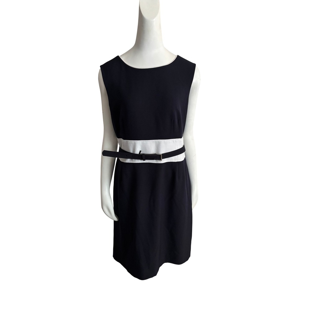 Alex Marie Navy Blue White Color Block Belted Sheath Dress Size 14 4110M505